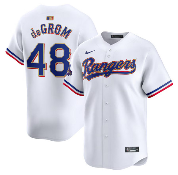 Men's Texas Rangers #48 Jacob deGrom White 2024 Gold Collection Cool Base Stitched Baseball Jersey